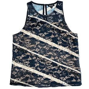 Worth New York Black Floral Lace Shell Blouse Tan Lining Women’s Size 8.